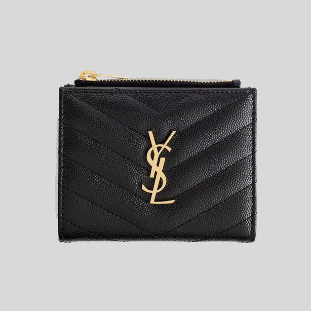 SAINT LAURENT YSL Cassandre Matelasse Bi-Fold Wallet In Grain De Poudre Embossed Leather Black RS-575879BOW01