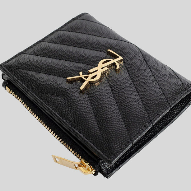 SAINT LAURENT YSL Cassandre Matelasse Bi-Fold Wallet In Grain De Poudre Embossed Leather Black RS-575879BOW01