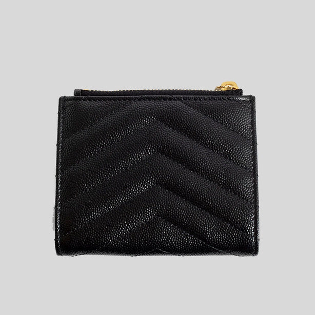 SAINT LAURENT YSL Cassandre Matelasse Bi-Fold Wallet In Grain De Poudre Embossed Leather Black RS-575879BOW01
