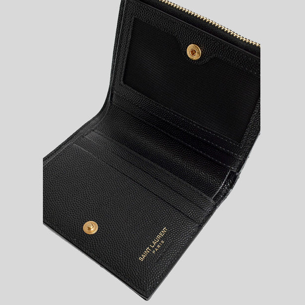 SAINT LAURENT YSL Cassandre Matelasse Bi-Fold Wallet In Grain De Poudre Embossed Leather Black RS-575879BOW01