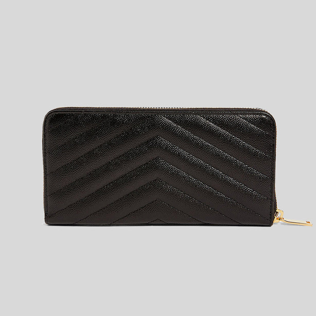 SAINT LAURENT YSL Cassandre Matelasse Zip Around Wallet In Grain De Poudre Embossed Leather Black RS-358094BOW01