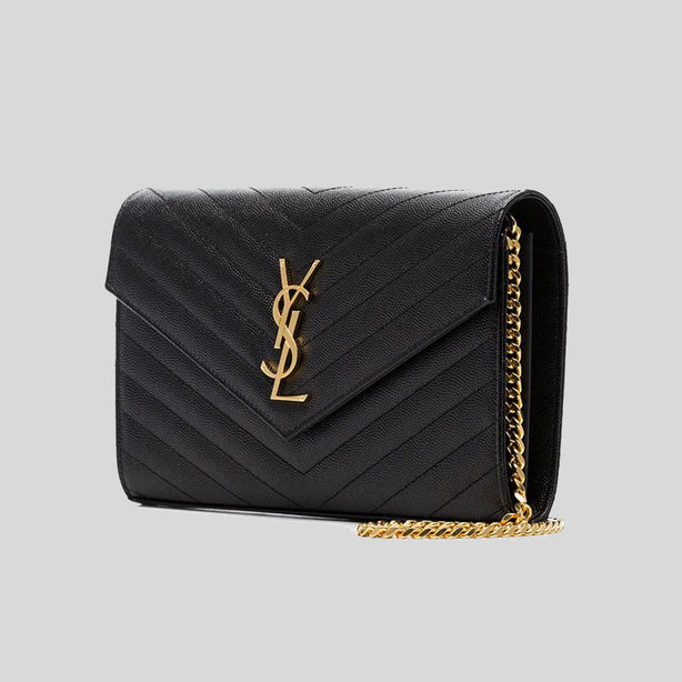 SAINT LAURENT YSL Matelasse Chain Wallet In Grain De Poudre Embossed Leather Black RS-377828BOW01