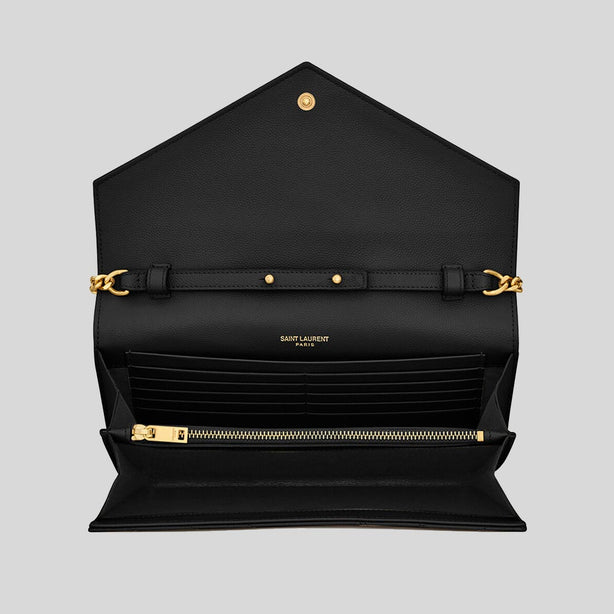 SAINT LAURENT YSL Matelasse Chain Wallet In Grain De Poudre Embossed Leather Black RS-377828BOW01