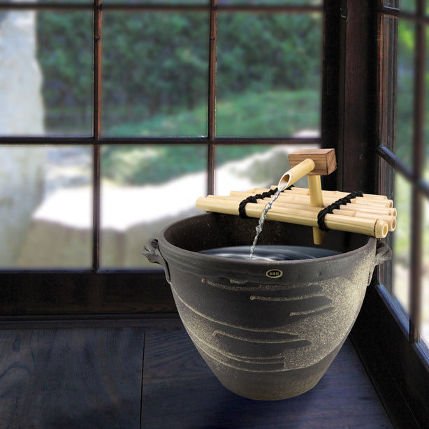 Tsuru Japanese Living Collection Tsukubai Artisanal Ceramic Water Fountain With Bamboo Spout, 9124-02