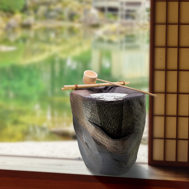 Tsuru Japanese Living Collection Tsukubai Artisanal Ceramic Water Fountain With Bamboo Ladle, 9122-04