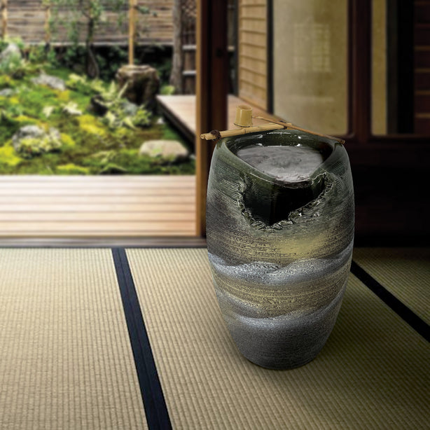 Tsuru Japanese Living Collection Tsukubai Artisanal Ceramic Water Fountain With Bamboo Ladle, N651-06A