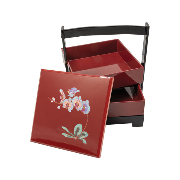 Tsuru Hasegawa Collection Blooming Orchid 2-Tier Sq Confection Box, Red