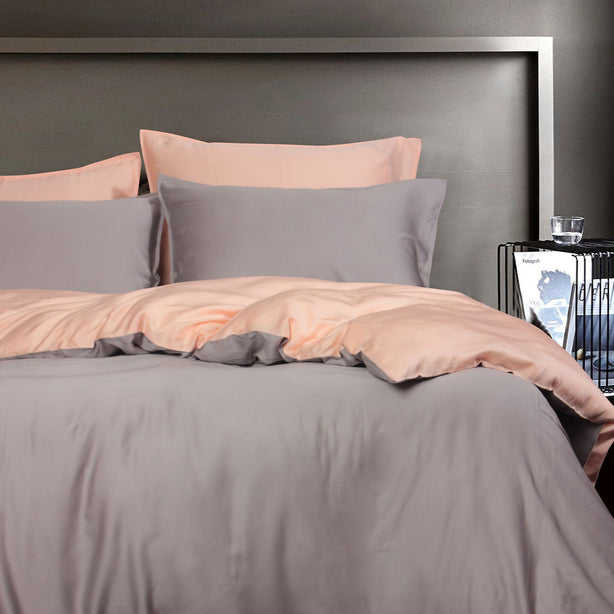 Intero Lumier ENIZ 100% Pure Tencel Solid 1100TC Bed Set – Gray / Peach (Reversible)