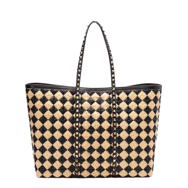 Rockstud Raffia Embroidered Shopping Bag - Natural/Black