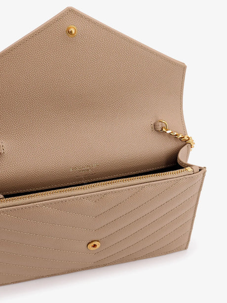Saint Laurent Leather shoulder bag with metal Cassandre logo - Darkbeige