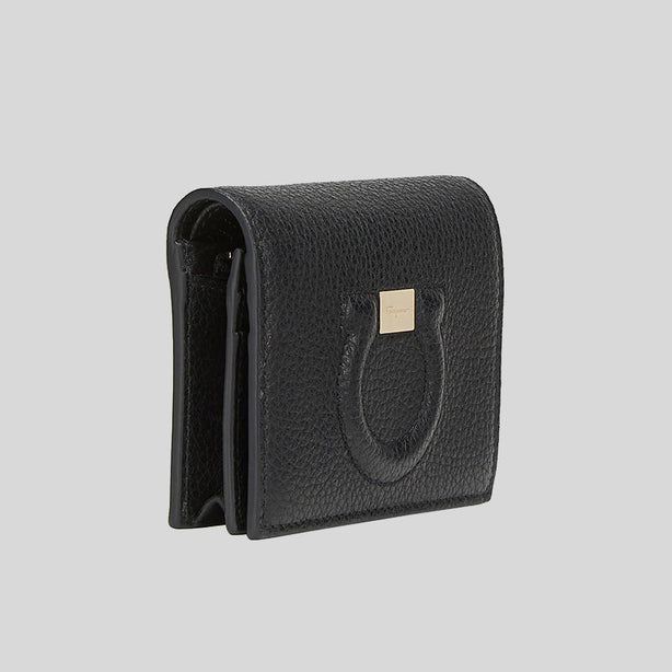 Ferragamo Gancini Calf Leather Small Bifold Wallet Black RS-736967
