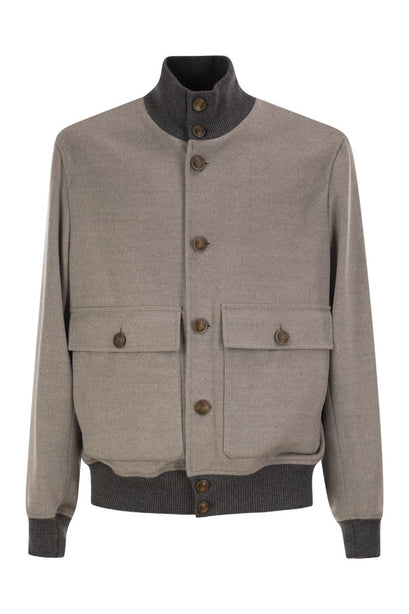 Virgin Wool Bomber Jacket with Cashmere Knit Details