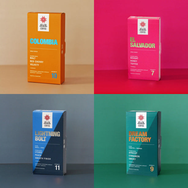Jewel Coffee Specialty Coffee Capsules - Top 4 Fav Pack (4x 10pc)
(Colombia, El Salvador, Lightning Bolt, Dream Factory)