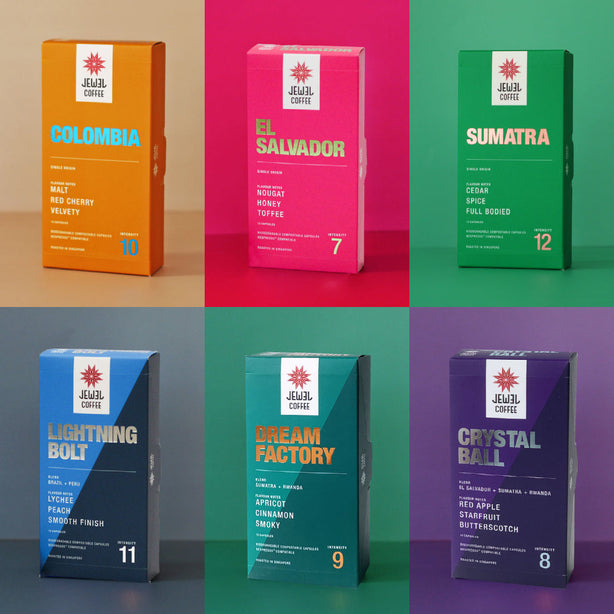 Jewel Coffee Specialty Coffee Capsules - Incredible 8 Pack (8x 10pc)
(Colombia, El Salvador, Dream Factory, Lightning Bolt, Crystal Ball x 2, Sumatra x 2)
