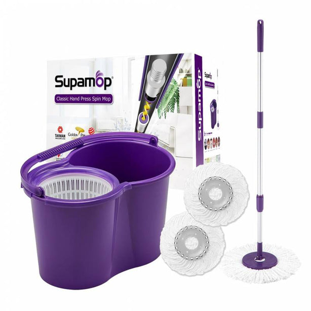 SupaMop Classic SH-350-8 Hand Press Spin Mop Set 1 Year Warranty Free 2 Mop Heads