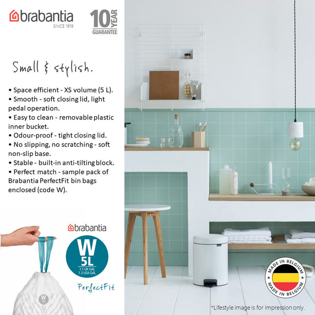 Brabantia NewIcon Soft Closing Pedal Bin XS, Plastic Inner Bucket, 5 L