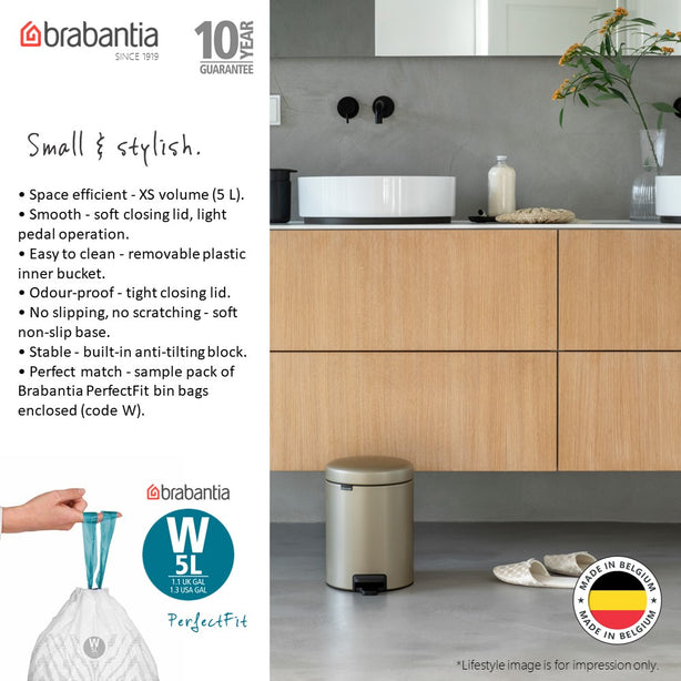 Brabantia NewIcon Soft Closing Pedal Bin XS, Plastic Inner Bucket, 5 L
