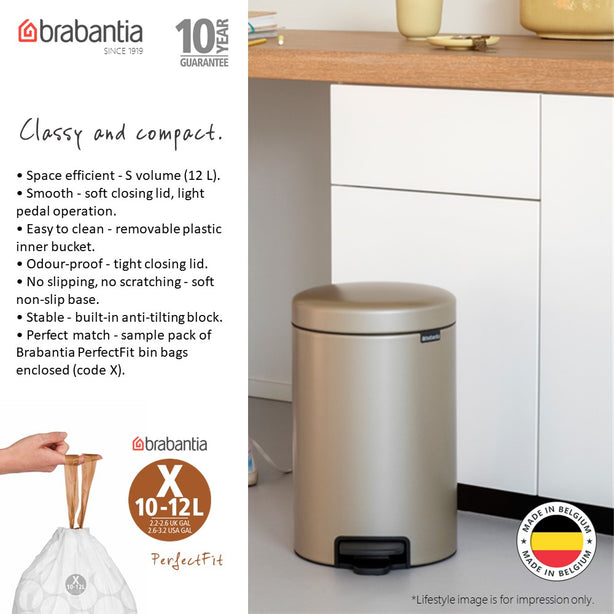 Brabantia NewIcon Soft Closing Pedal Bin S, Plastic Inner Bucket, 12 L
