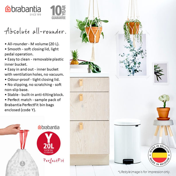 Brabantia NewIcon Soft Closing Pedal Bin M, Plastic Inner Bucket, 20 L