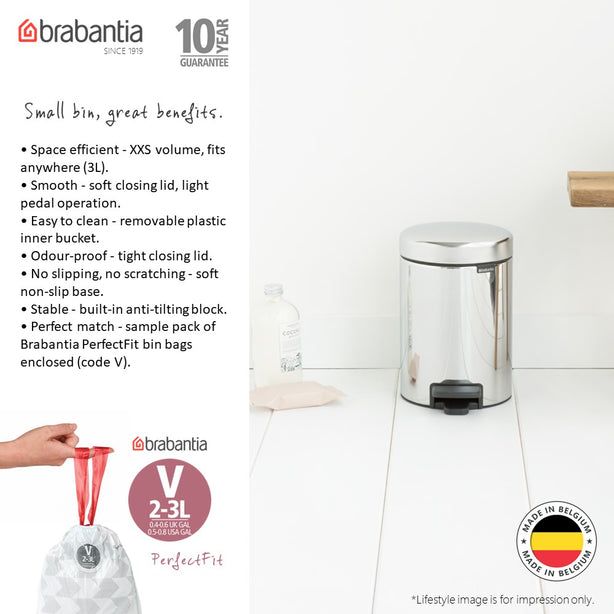Brabantia NewIcon Soft Closing Pedal Bin XXS, Plastic Inner Bucket, 3 L