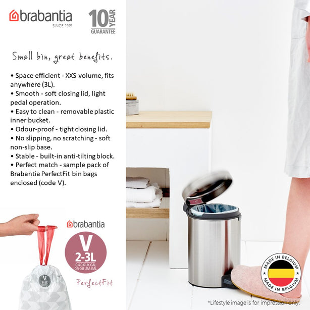 Brabantia NewIcon Soft Closing Pedal Bin XXS, Plastic Inner Bucket, 3 L