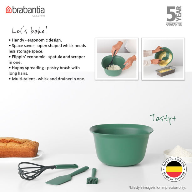 Brabantia Tasty+ Baking Set (Mixing Bowl 3.2 L, Whisk, Pastry Brush & Baking Spatula), Set of 4