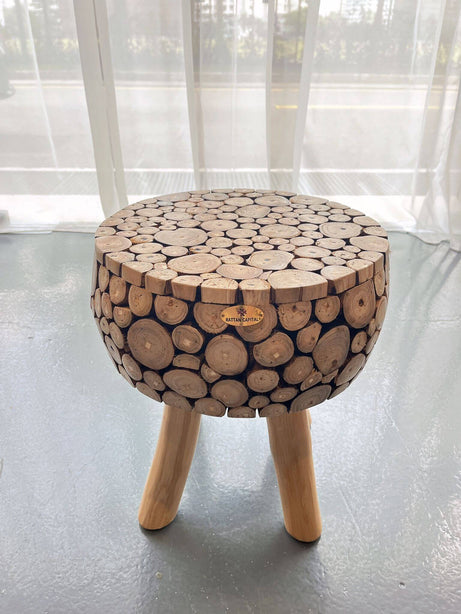 Mosaic Teak Art Stool - Brown