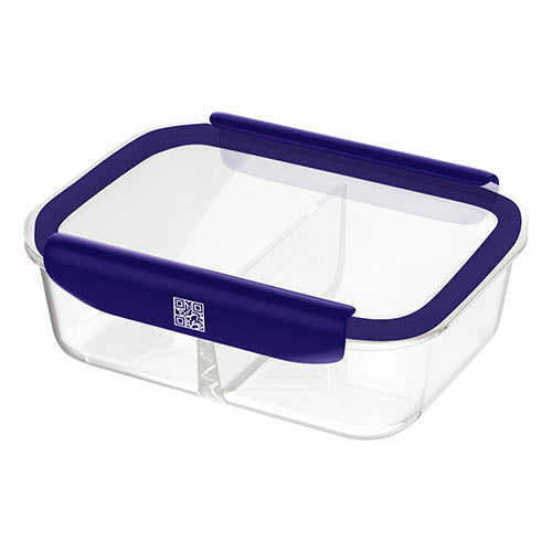 Mastrad Borosilicate Glass Rectangle 2-Compartments Storage Box With Pp Lid, -20°C To +400°C, L, Blue, Stor'Eat