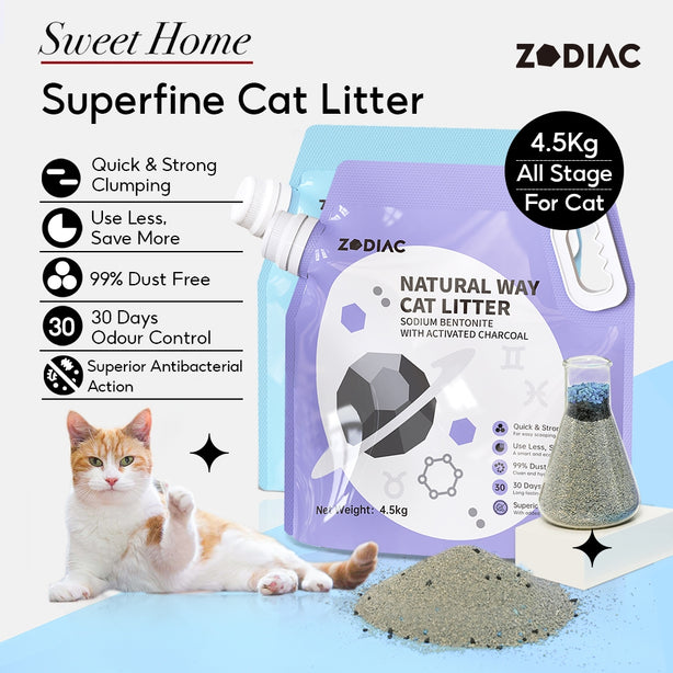 [Bundle of 1/2/4]Australia ZODIAC Natural Superfine Bentonite Cat Litter Quick Clumping Odour Control With Charcoal4.5Kg