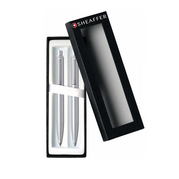 -- Sheaffer Sentinel Brushed Chrome Cap & Barrel, Nickel Plate Trim Ballpoint/Pencil Set