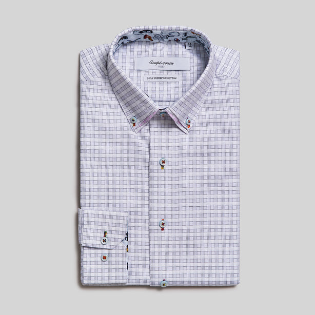 Coupe Cousu, Blue Checks, Double Collar Long Sleeve Shirt