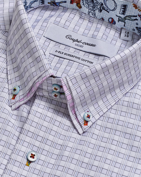 Coupe Cousu, Blue Checks, Double Collar Long Sleeve Shirt