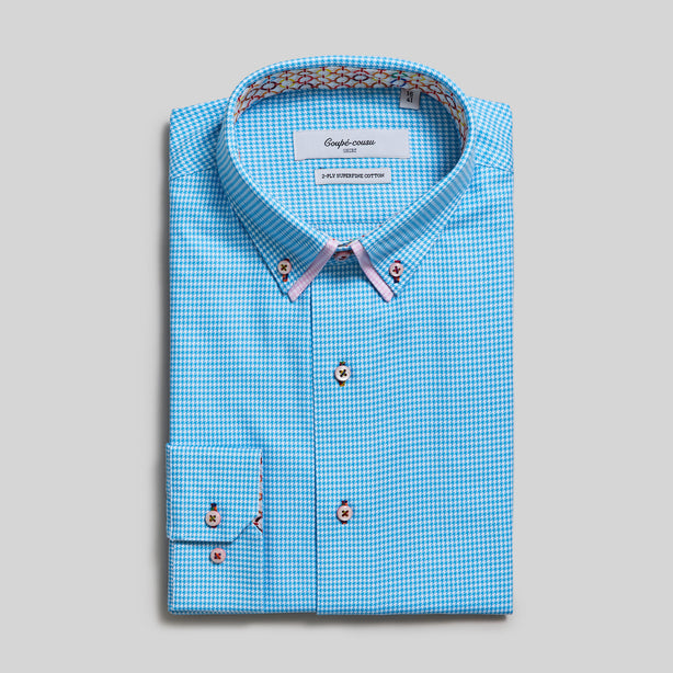 Coupe Cousu, Cyan, Double Collar Long Sleeve Shirt