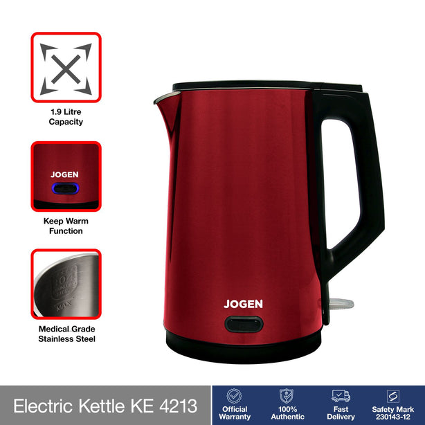 Jogen KE 4213 Electric Stainless Steel Kettle 1.9L 2200W Keep Warm (Red)