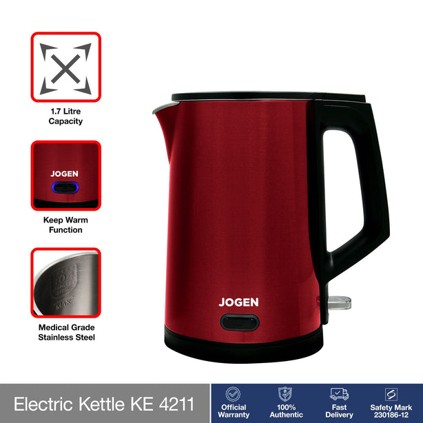 JOGEN KE 4211 Electric Stainless Steel Kettle 1.7L 2200W Keep Warm (Red)