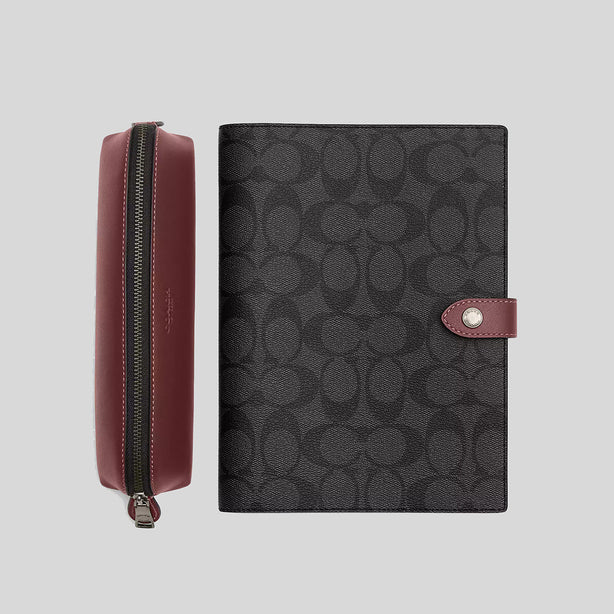COACH Boxed Notebook And Pencil Case Gift Set In Colorblock Signature Canvas Charcoal/Wine RS-CE908