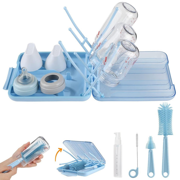 StitchesandTweed Baby Travel Essential - 6 in 1 Bottle Cleaner Kit with Silicone Bottle Brush, Soap Dispenser, Bottle Drying Rack for Home and Travel - Blue