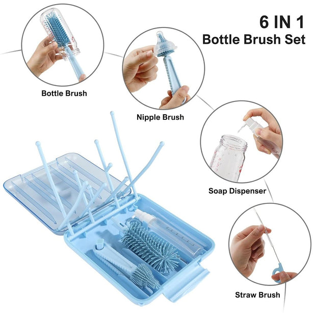 StitchesandTweed Baby Travel Essential - 6 in 1 Bottle Cleaner Kit with Silicone Bottle Brush, Soap Dispenser, Bottle Drying Rack for Home and Travel - Blue