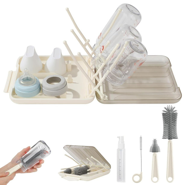 StitchesandTweed Baby Travel Essential - 6 in 1 Bottle Cleaner Kit with Silicone Bottle Brush, Soap Dispenser, Bottle Drying Rack for Home and Travel - Ecru