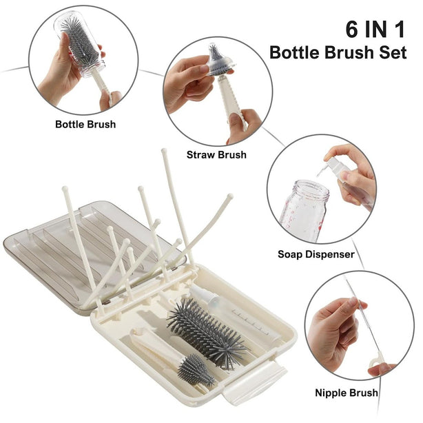 StitchesandTweed Baby Travel Essential - 6 in 1 Bottle Cleaner Kit with Silicone Bottle Brush, Soap Dispenser, Bottle Drying Rack for Home and Travel - Ecru