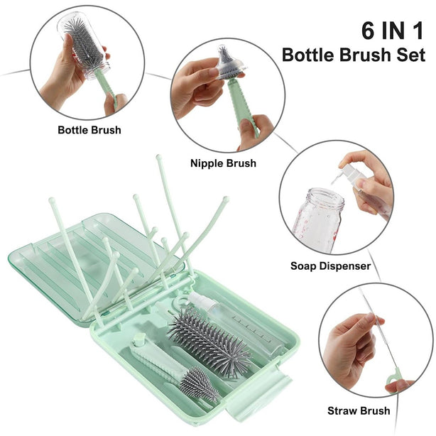 StitchesandTweed Baby Travel Essential - 6 in 1 Bottle Cleaner Kit with Silicone Bottle Brush, Soap Dispenser, Bottle Drying Rack for Home and Travel - Green