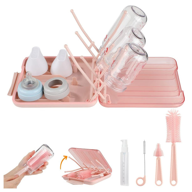 StitchesandTweed Baby Travel Essential - 6 in 1 Bottle Cleaner Kit with Silicone Bottle Brush, Soap Dispenser, Bottle Drying Rack for Home and Travel - Pink