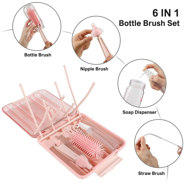 StitchesandTweed Baby Travel Essential - 6 in 1 Bottle Cleaner Kit with Silicone Bottle Brush, Soap Dispenser, Bottle Drying Rack for Home and Travel - Pink
