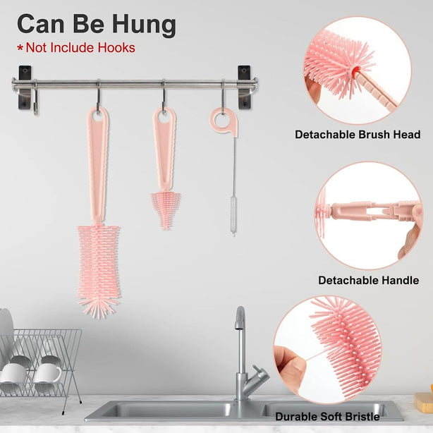 StitchesandTweed Baby Travel Essential - 6 in 1 Bottle Cleaner Kit with Silicone Bottle Brush, Soap Dispenser, Bottle Drying Rack for Home and Travel - Pink