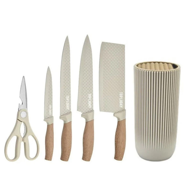 StitchesandTweed 5 + 1 Piece Knife Set with Holder - Ecru