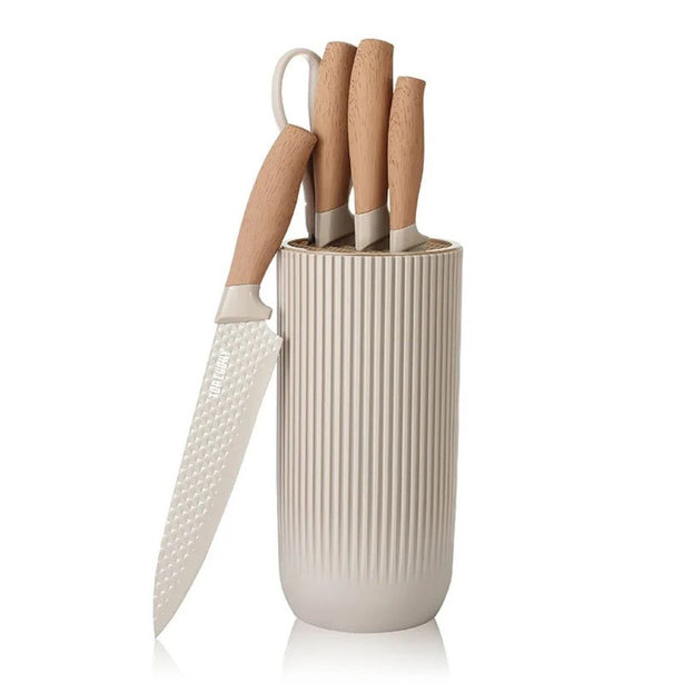 StitchesandTweed 5 + 1 Piece Knife Set with Holder - Ecru