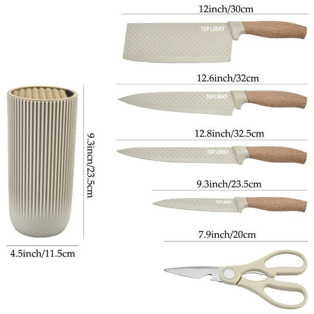 StitchesandTweed 5 + 1 Piece Knife Set with Holder - Ecru