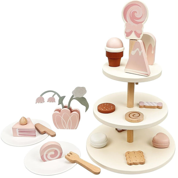 StitchesandTweed Play Pretend Tea Party Wooden Dessert Play Set for Toddlers