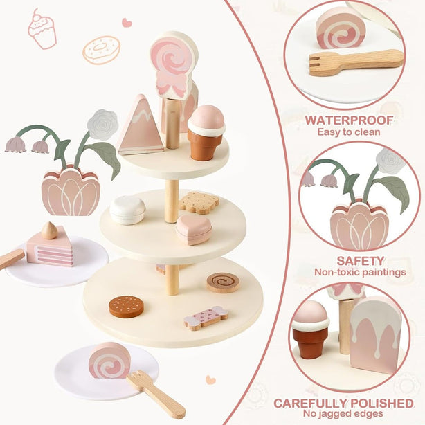 StitchesandTweed Play Pretend Tea Party Wooden Dessert Play Set for Toddlers