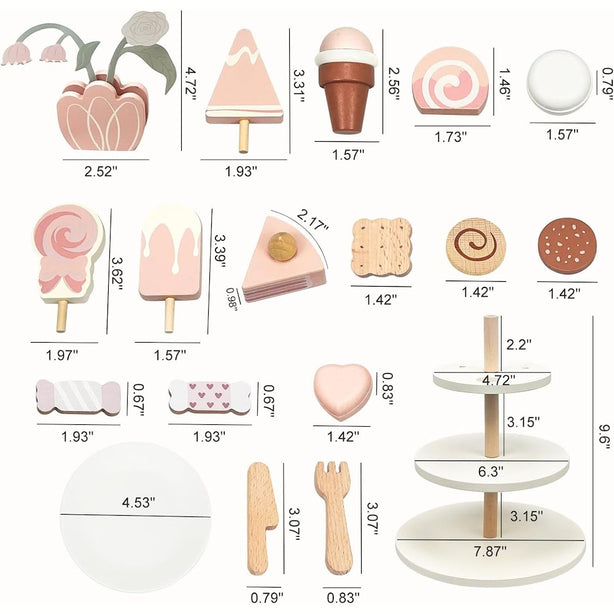 StitchesandTweed Play Pretend Tea Party Wooden Dessert Play Set for Toddlers